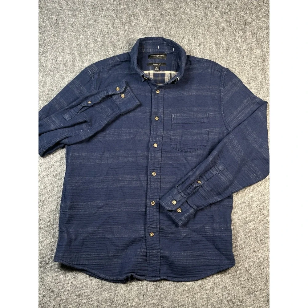 Banana Republic Men Medium Blue Plaid‎ Long Sleeve Button-Up Shirt Extra Soft